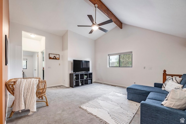 447 W 1175 N, Centerville, UT 84014 - living area with healthy amount of natural light, a ceiling fan, beam ceiling, light carpet, and baseboards