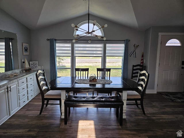 550 S Stump Hollow Rd, Garden City, UT 84028 - dining space featuring lofted ceiling, a chandelier, healthy amount of natural light, and dark wood-type flooring