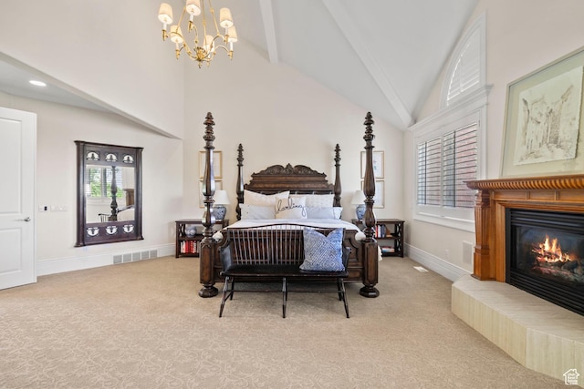 1971 Summerwood Dr, Farmington, UT 84025 - bedroom featuring carpet floors, multiple windows, a glass covered fireplace, beamed ceiling, and high vaulted ceiling