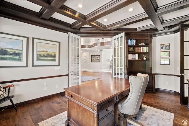 1971 Summerwood Dr, Farmington, UT 84025 - office with french doors, dark wood-style flooring, coffered ceiling, beam ceiling, and baseboards