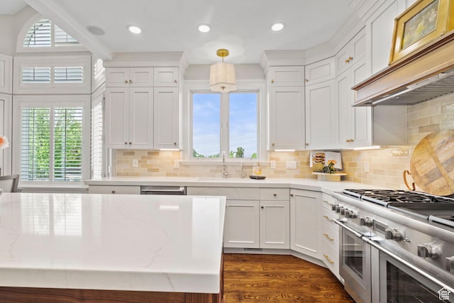 1971 Summerwood Dr, Farmington, UT 84025 - kitchen with range with two ovens, extractor fan, a sink, white cabinetry, and dark wood-style flooring