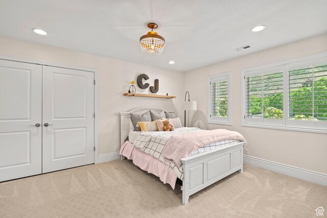 1971 Summerwood Dr, Farmington, UT 84025 - bedroom with light colored carpet, baseboards, a chandelier, recessed lighting, and a closet