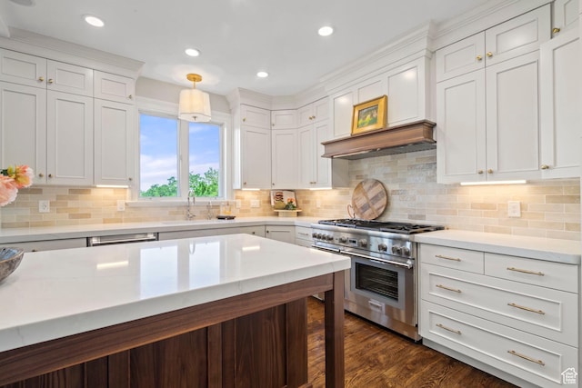 1971 Summerwood Dr, Farmington, UT 84025 - kitchen with range with two ovens, a sink, light countertops, white cabinetry, and recessed lighting