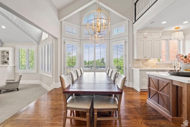 1971 Summerwood Dr, Farmington, UT 84025 - dining room featuring a chandelier, dark wood-type flooring, baseboards, high vaulted ceiling, and recessed lighting