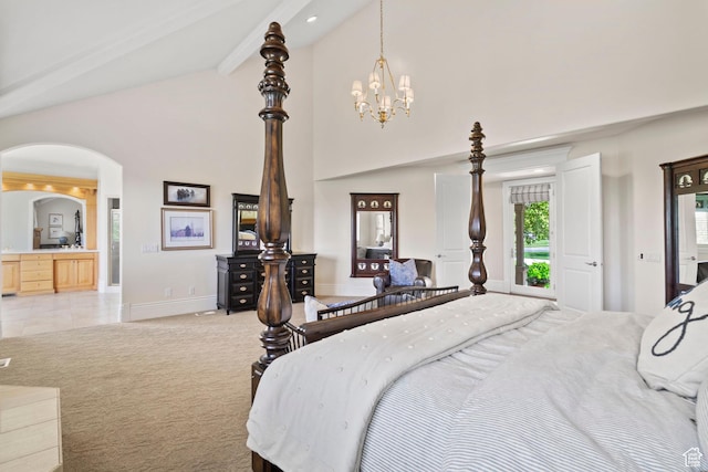 1971 Summerwood Dr, Farmington, UT 84025 - bedroom featuring baseboards, arched walkways, a chandelier, high vaulted ceiling, and light carpet