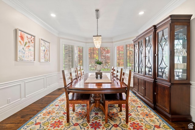 1971 Summerwood Dr, Farmington, UT 84025 - dining space with dark wood finished floors, crown molding, recessed lighting, a chandelier, and a wainscoted wall