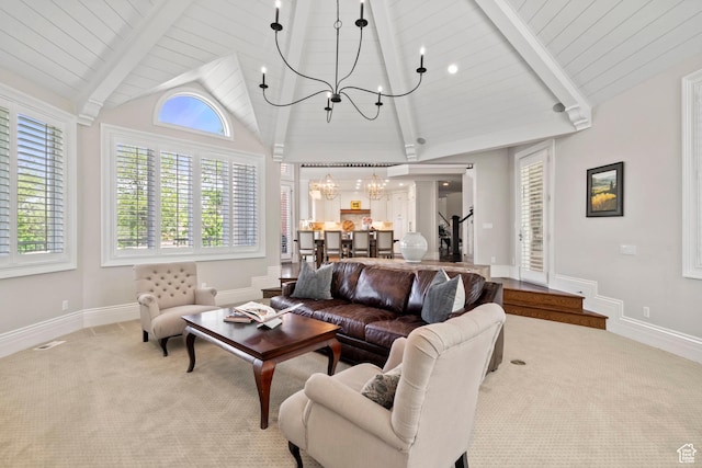 1971 Summerwood Dr, Farmington, UT 84025 - living room with a chandelier, beam ceiling, carpet, healthy amount of natural light, and high vaulted ceiling
