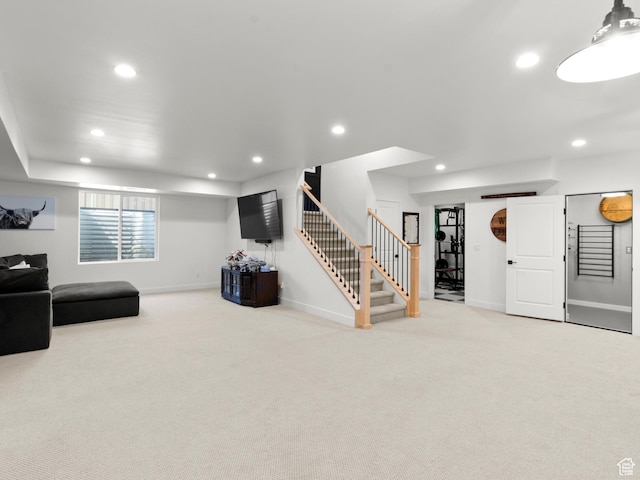 living room featuring stairway, recessed lighting, carpet floors, and baseboards