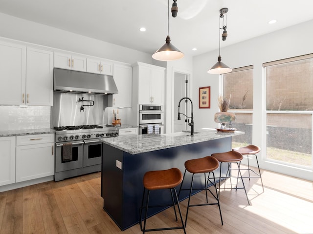 kitchen with under cabinet range hood, stainless steel appliances, white cabinets, light wood-style flooring, and recessed lighting