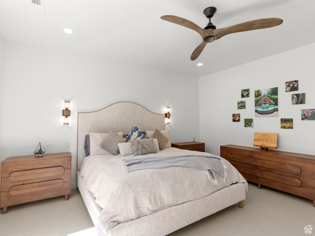 bedroom featuring carpet flooring, recessed lighting, and ceiling fan