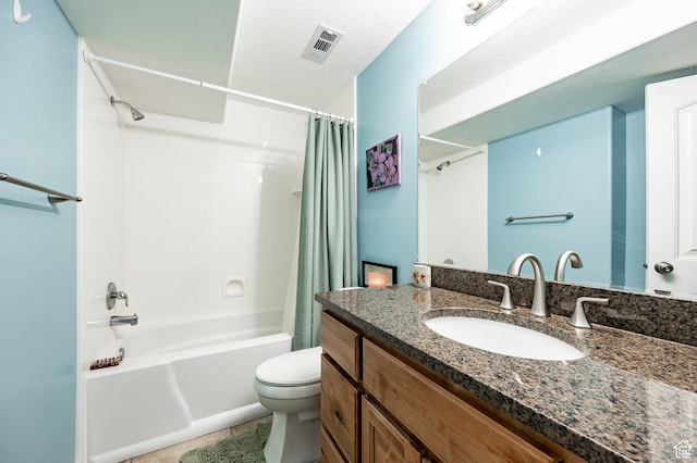 full bath featuring shower / bathtub combination with curtain, toilet, vanity, and tile patterned flooring