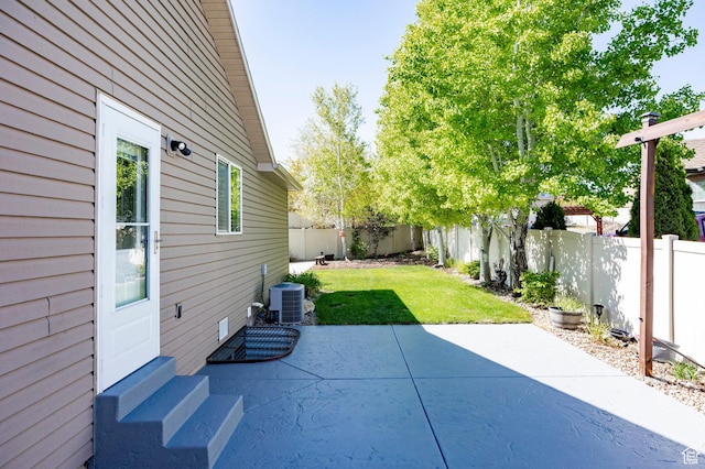 view of patio / terrace featuring entry steps and central AC unit