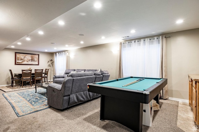 playroom featuring recessed lighting, billiards, and baseboards