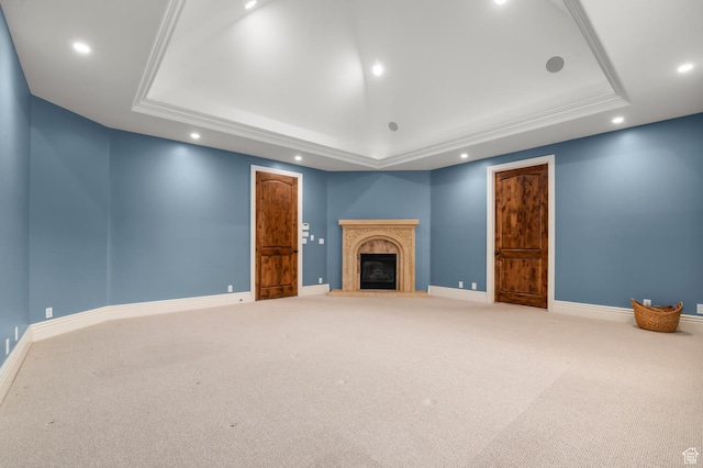 81 E Lone Hollow Dr S, Sandy, UT 84092 - unfurnished living room featuring a tray ceiling, carpet flooring, and recessed lighting