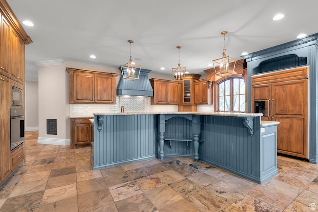 81 E Lone Hollow Dr S, Sandy, UT 84092 - kitchen featuring custom exhaust hood, built in appliances, recessed lighting, a breakfast bar, and baseboards