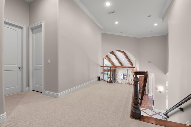 81 E Lone Hollow Dr S, Sandy, UT 84092 - corridor featuring an upstairs landing, carpet, baseboards, recessed lighting, and ornamental molding
