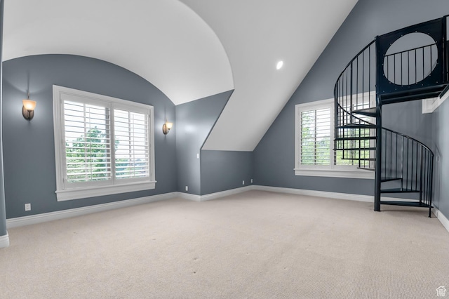 81 E Lone Hollow Dr S, Sandy, UT 84092 - bonus room featuring vaulted ceiling, baseboards, carpet floors, and stairway