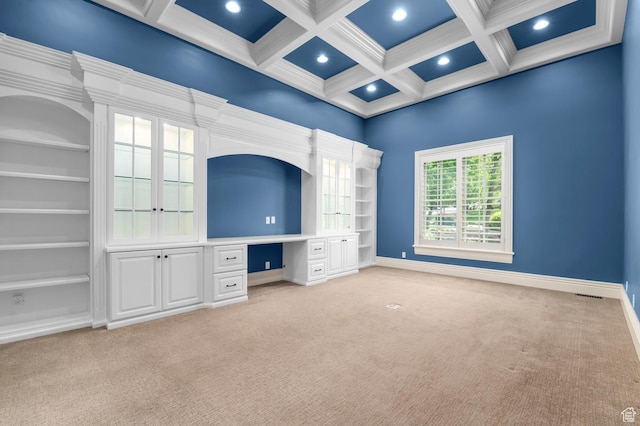 81 E Lone Hollow Dr S, Sandy, UT 84092 - unfurnished bedroom featuring light carpet, recessed lighting, coffered ceiling, beamed ceiling, and baseboards