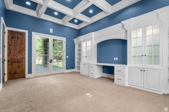 81 E Lone Hollow Dr S, Sandy, UT 84092 - unfurnished office featuring french doors, built in desk, light colored carpet, beam ceiling, and coffered ceiling