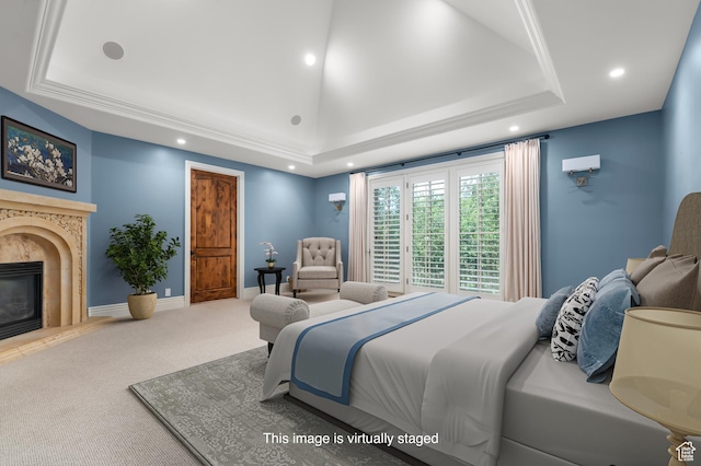 81 E Lone Hollow Dr S, Sandy, UT 84092 - carpeted bedroom with a raised ceiling, recessed lighting, a premium fireplace, and baseboards