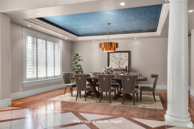 81 E Lone Hollow Dr S, Sandy, UT 84092 - dining room with ornate columns, a tray ceiling, inlaid floor details, ornamental molding, and recessed lighting