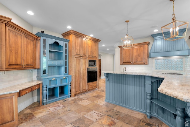 81 E Lone Hollow Dr S, Sandy, UT 84092 - kitchen featuring black appliances, stone tile floors, decorative backsplash, a chandelier, and pendant lighting