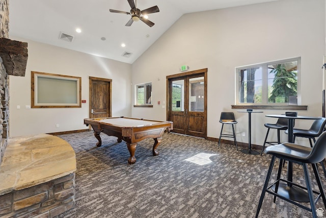 13312 N Highmark Ct, Kamas, UT 84036 - recreation room with carpet floors, billiards, high vaulted ceiling, a ceiling fan, and recessed lighting