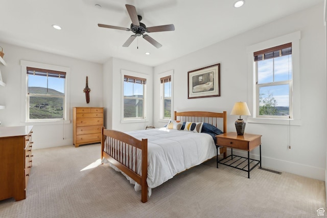 13312 N Highmark Ct, Kamas, UT 84036 - bedroom with light carpet, recessed lighting, and ceiling fan