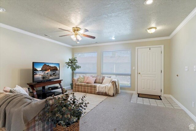 269 River Cove Dr, Morgan, UT 84050 - carpeted living area featuring a ceiling fan, baseboards, a textured ceiling, crown molding, and recessed lighting