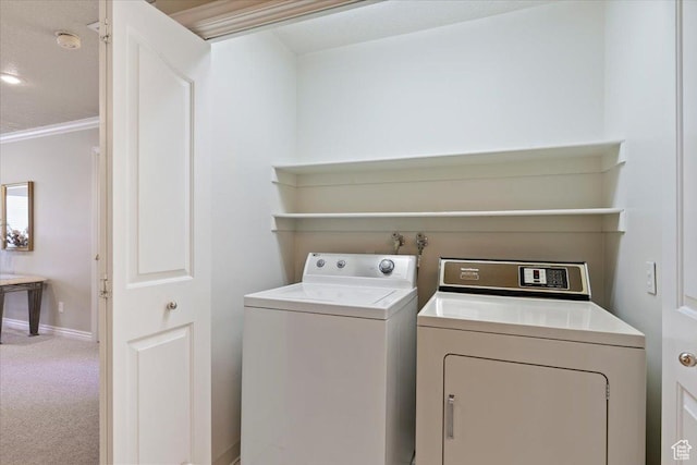 269 River Cove Dr, Morgan, UT 84050 - clothes washing area with washer and clothes dryer, carpet floors, baseboards, and ornamental molding
