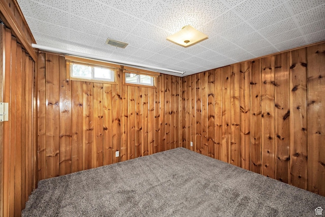 basement with wood walls and carpet floors