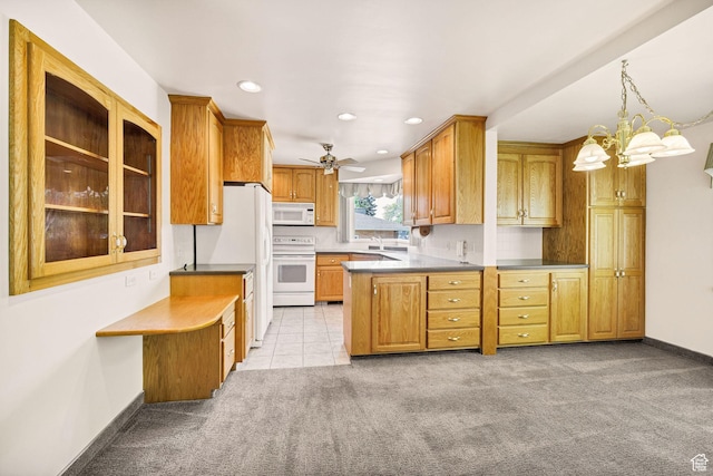 kitchen featuring white appliances, light colored carpet, recessed lighting, brown cabinetry, and baseboards