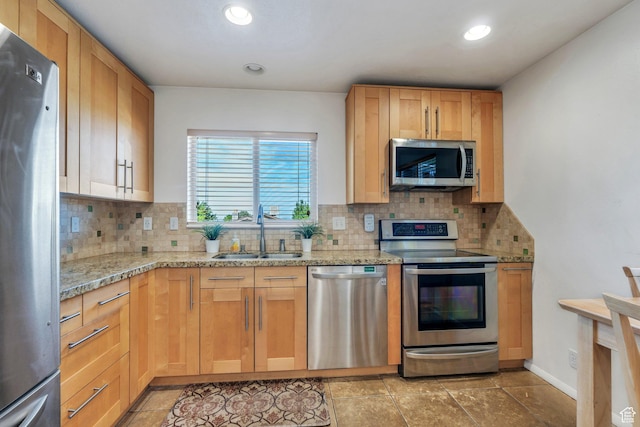 255 E 1230 N, Springville, UT 84663 - kitchen featuring stainless steel appliances, a sink, decorative backsplash, light stone countertops, and recessed lighting