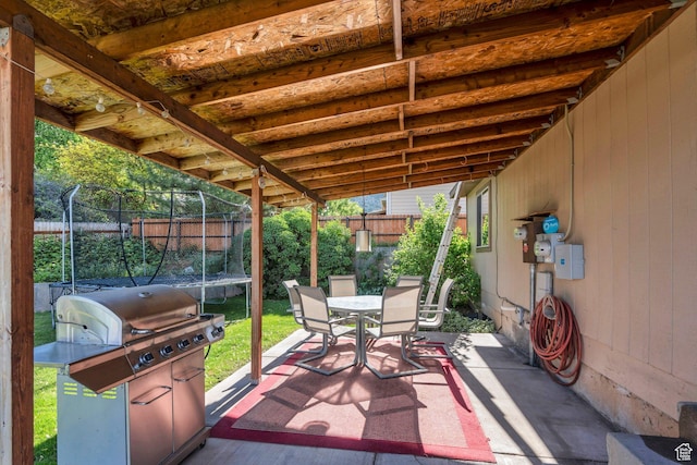 255 E 1230 N, Springville, UT 84663 - fenced backyard with a trampoline, a patio area, outdoor dining area, and a grill