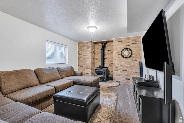 255 E 1230 N, Springville, UT 84663 - carpeted living area featuring brick wall, a wood stove, and a textured ceiling