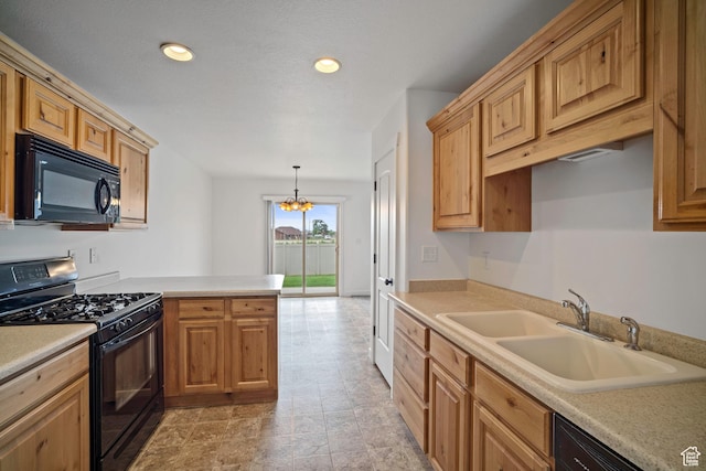 1563 N 450 E, North Ogden, UT 84404 - kitchen with black appliances, a sink, recessed lighting, light countertops, and a peninsula
