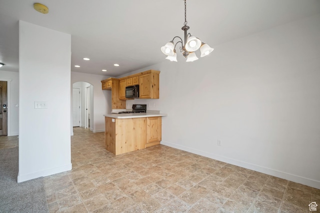 1563 N 450 E, North Ogden, UT 84404 - kitchen with black microwave, gas range, arched walkways, baseboards, and a chandelier