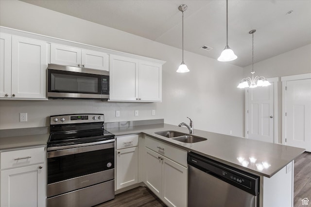 kitchen with appliances with stainless steel finishes, a peninsula, dark wood-type flooring, a sink, and white cabinets