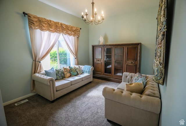 2817 S 1415 W, Syracuse, UT 84075 - living room featuring a chandelier, dark colored carpet, and baseboards