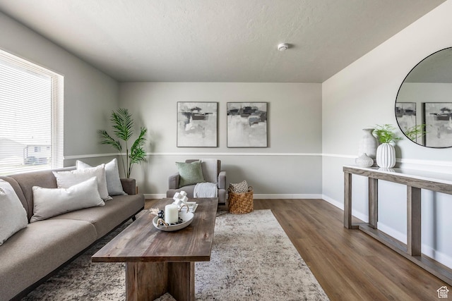 living area featuring wood finished floors and baseboards