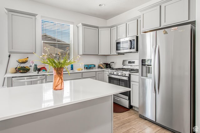 2994 S Tangent Peak Rd, Magna, UT 84044 - kitchen featuring stainless steel appliances, gray cabinets, light wood finished floors, and light countertops