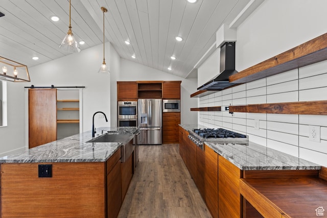 1885 N 2000 E, North Logan, UT 84341 - kitchen featuring open shelves, stainless steel appliances, a sink, modern cabinets, and wall chimney exhaust hood