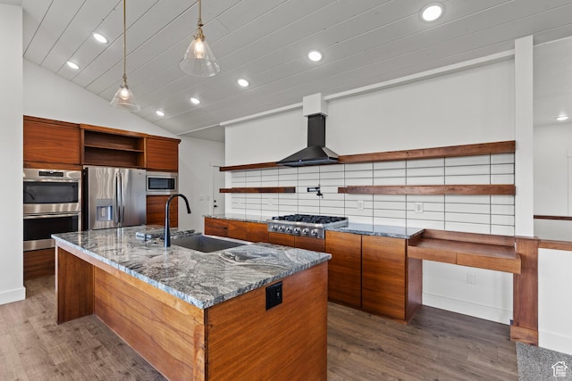 1885 N 2000 E, North Logan, UT 84341 - kitchen featuring open shelves, stainless steel appliances, a sink, brown cabinetry, and recessed lighting