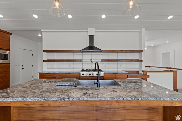 1885 N 2000 E, North Logan, UT 84341 - kitchen with open shelves, brown cabinets, and recessed lighting