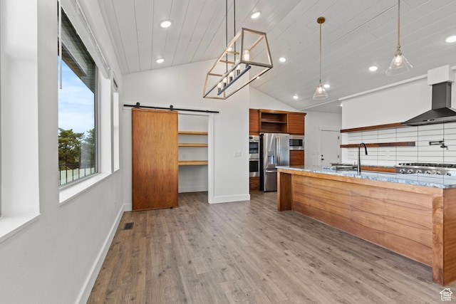 1885 N 2000 E, North Logan, UT 84341 - kitchen with open shelves, stainless steel appliances, baseboards, a barn door, and recessed lighting
