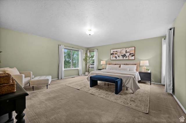 carpeted bedroom with baseboards and a textured ceiling