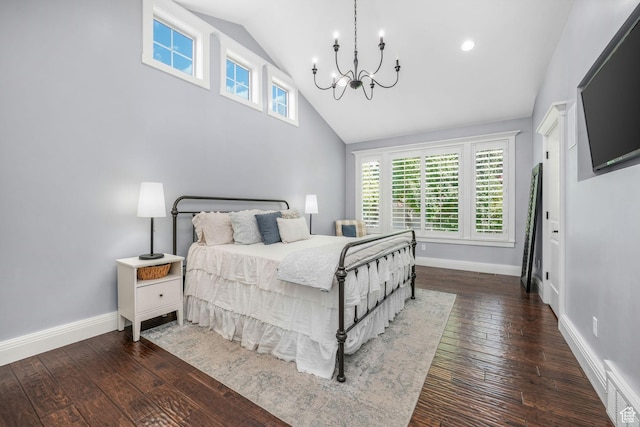 5982 N Rollins Ranch Rd W, Mountain Green, UT 84050 - bedroom featuring a chandelier, multiple windows, hardwood / wood-style flooring, and high vaulted ceiling