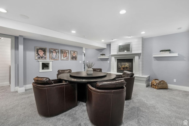 5982 N Rollins Ranch Rd W, Mountain Green, UT 84050 - carpeted living room featuring a large fireplace and recessed lighting