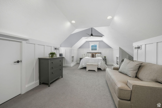 5982 N Rollins Ranch Rd W, Mountain Green, UT 84050 - bedroom with light colored carpet, vaulted ceiling, ceiling fan, and a decorative wall