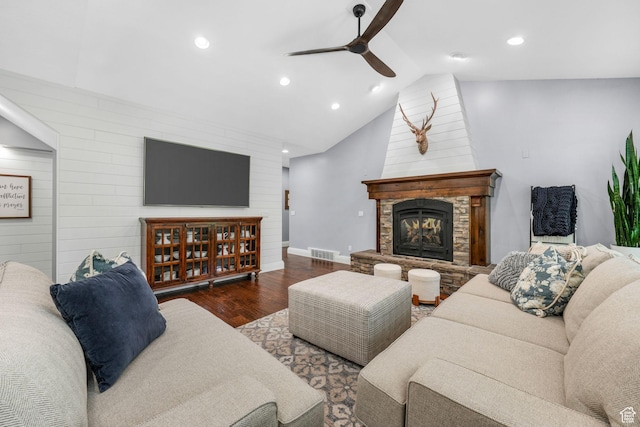 5982 N Rollins Ranch Rd W, Mountain Green, UT 84050 - living area with ceiling fan, wood finished floors, a stone fireplace, recessed lighting, and wooden walls